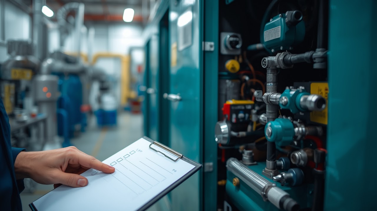 Radiant Engineering technician performing a scheduled preventive maintenance inspection on an industrial air compressor in Johor